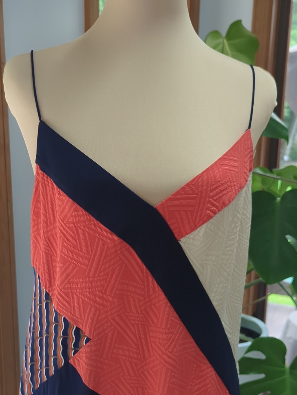Diane von Furstenberg Colorblock Silk Slip Midi Dress Navy Coral Cream Size 10